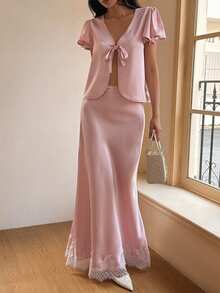Livesso Bộ đồ mùa xuân/hè gồm áo cardigan buộc dây phía trước màu hồng và chân váy satin kiểu quấn, trang phục thanh lịch, thoải mái cho kỳ nghỉ, lễ hội âm nhạc, áo tay ngắn viền ren và chân váy ôm sát, bộ đồ công sở dành cho nữ. - Hồng - Xem 4