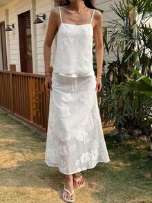 Livesso 春夏白色蕾丝吊带背心和A字裙套装，优雅百搭，适合情人节、婚礼、休闲、海滩、通勤等场合。 - 白色 - 查看 5