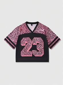 ROMWE MEN Prep 男士春夏网眼拼接豹纹V领T恤 - 彩色 - 查看 1