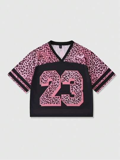 ROMWE MEN Prep Men's Spring/Summer Mesh Patchwork Leopard Print V-Neck T-Shirt