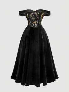 SHEIN MOD Đầm ống trễ vai màu đen họa tiết hoa jacquard cổ điển dành cho nữ cỡ lớn, đầm jacquard kiểu cung đình retro thích hợp cho các bữa tiệc và buổi gặp mặt mùa xuân/hè. - màu đen - Xem 5