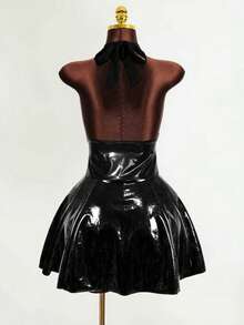 Mistrie New Style Sexy Hot Girl Style YK2 Heavy-Duty V-Neck Patent Leather PU Leather Full-Length Dress With A Hooded Neck, Backless, Low Neckline, Fitted Waist And Wide Skirt, Punk Style Women's Dress, Women's Streetwear, Suitable For Nightclubs, Music Festivals, Halloween Costumes - Black - View 2