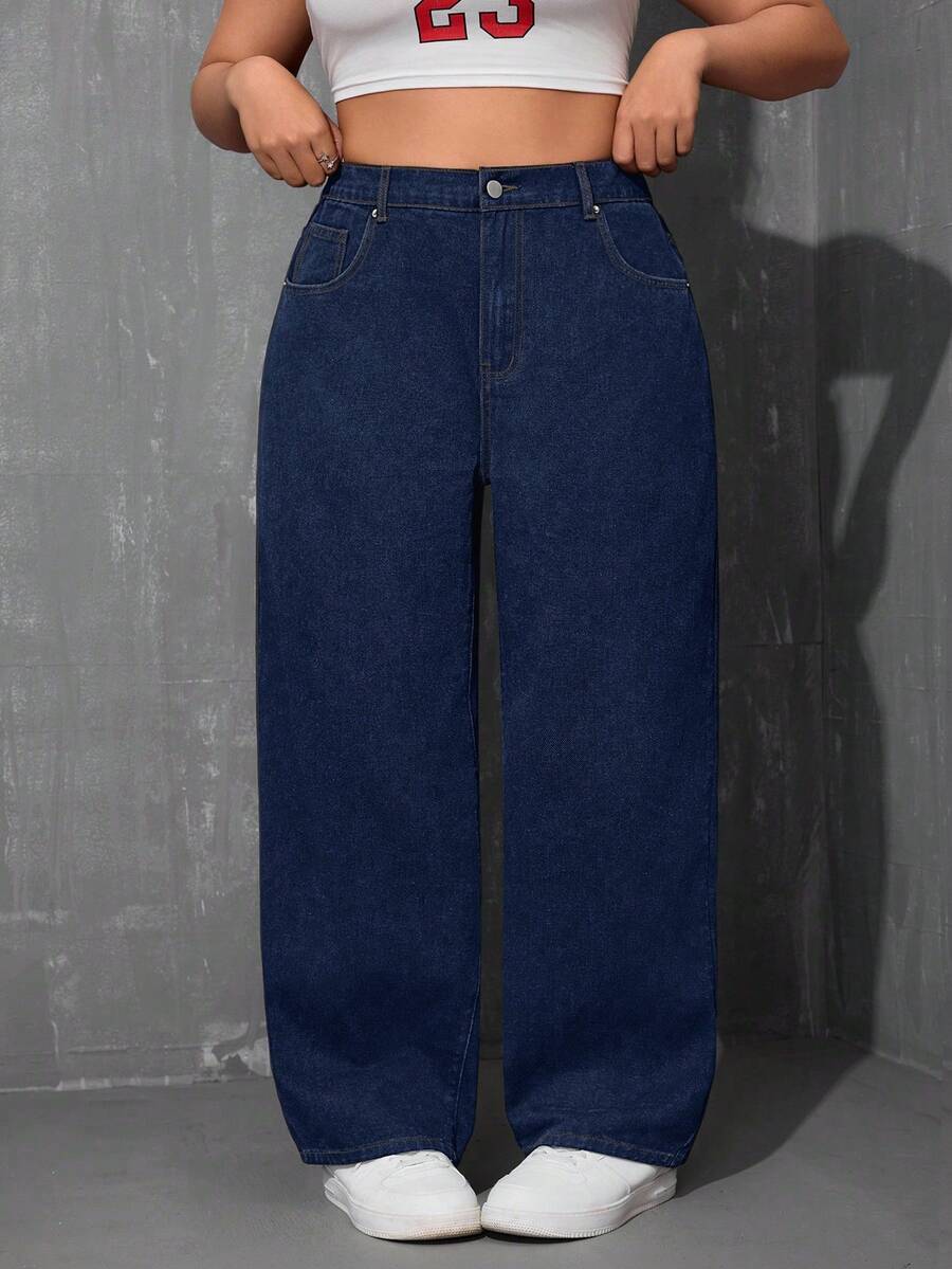 SHEIN ICON 大码纯色休闲牛仔裤 - 深色水洗藍 - 查看 1