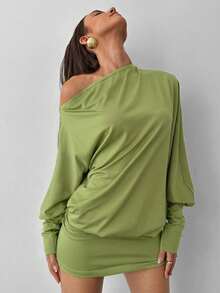 Aloruh Coffee Brown Knit Elastic Fabric Bodycon Asymmetric Shoulder Backless Mini Dress For Women - Green - View 7