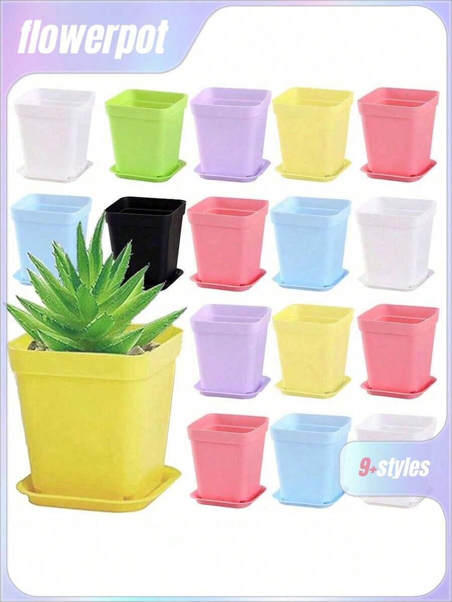 10/20 piezas Macetas cuadradas pequeñas de colores para suculentas con bandeja, macetas de plástico para contenedores de crecimiento de plantas, adecuadas para el hogar, jardín, balcón y oficina - Multicolor - Ver 1