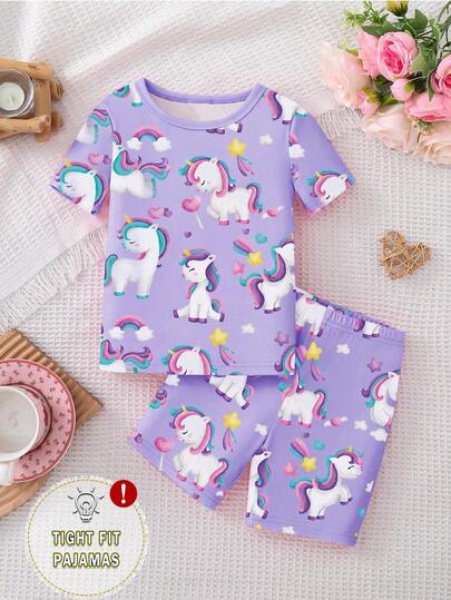 Young Girls Pajamas Set, Cute Cartoon Unicorn & Rainbow All-Over Print, Comfortable Short Sleeve Top & Shorts, Snug Fit Sleepwear