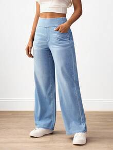 SHEIN PETITE Quần jeans nữ dáng suông, có túi, kiểu dáng thường ngày. - Màu xanh lam - Xem 5