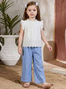 2pcs Tween Girls Solid Color Lace Patchwork Sleeveless Top And Pants Set - Multicolor - View 5