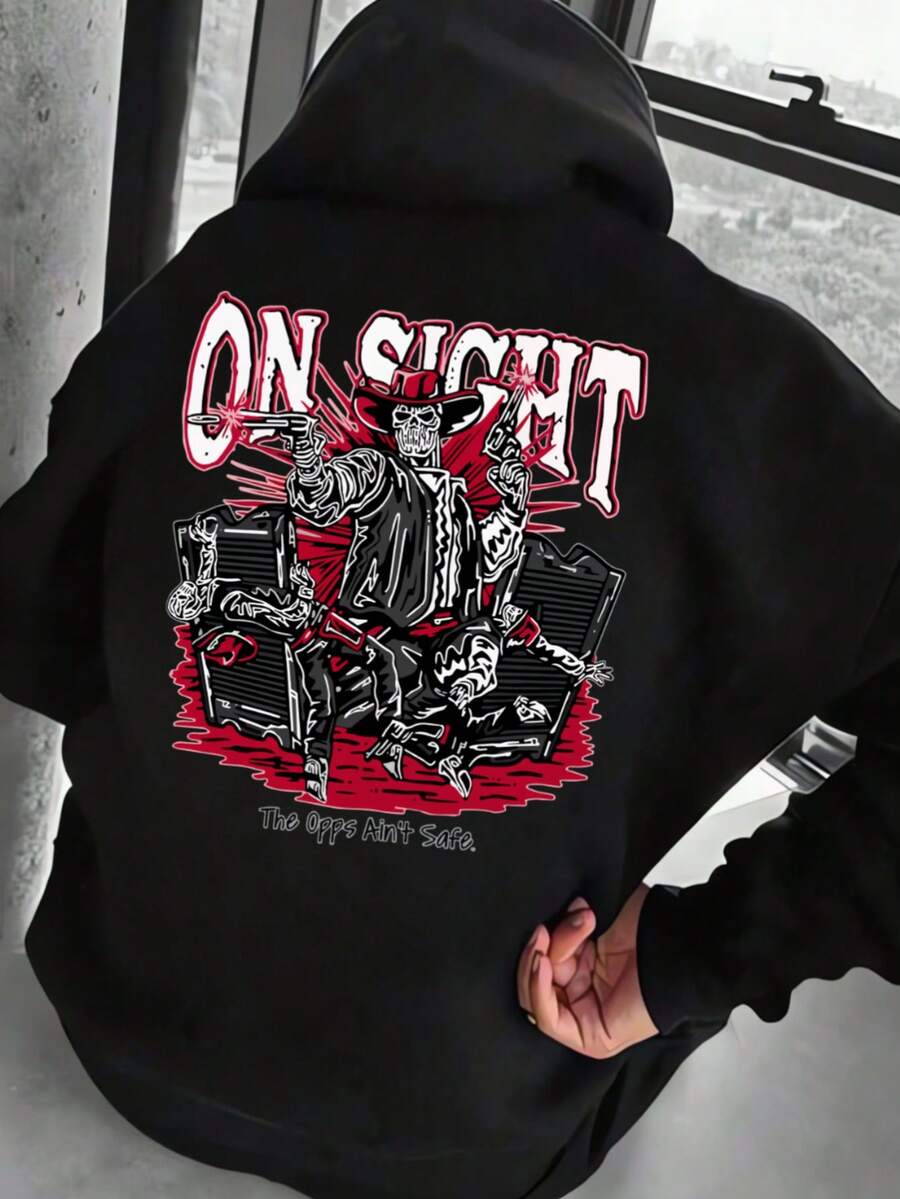 Hombre003-1 sudadera con capucha para hombres de manga larga con estampados modernos, ideal para las temporadas de otoño e invierno, una sudadera casual y abrigada Envío desde México Sudadera de capucha negra con impresión de calavera y texto "ON SIGHT" que dice "The Opps Ain't Safe" para un estilo atrevido y único - Negro - Ver 1