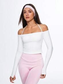 Eassivo Eassivo Women's White Off‑Shoulder Crop Top With Halter Tie,Long Sleeve Athleisure Top, Square Neck, Back Tie, Off Shoulder Top - White - View 1