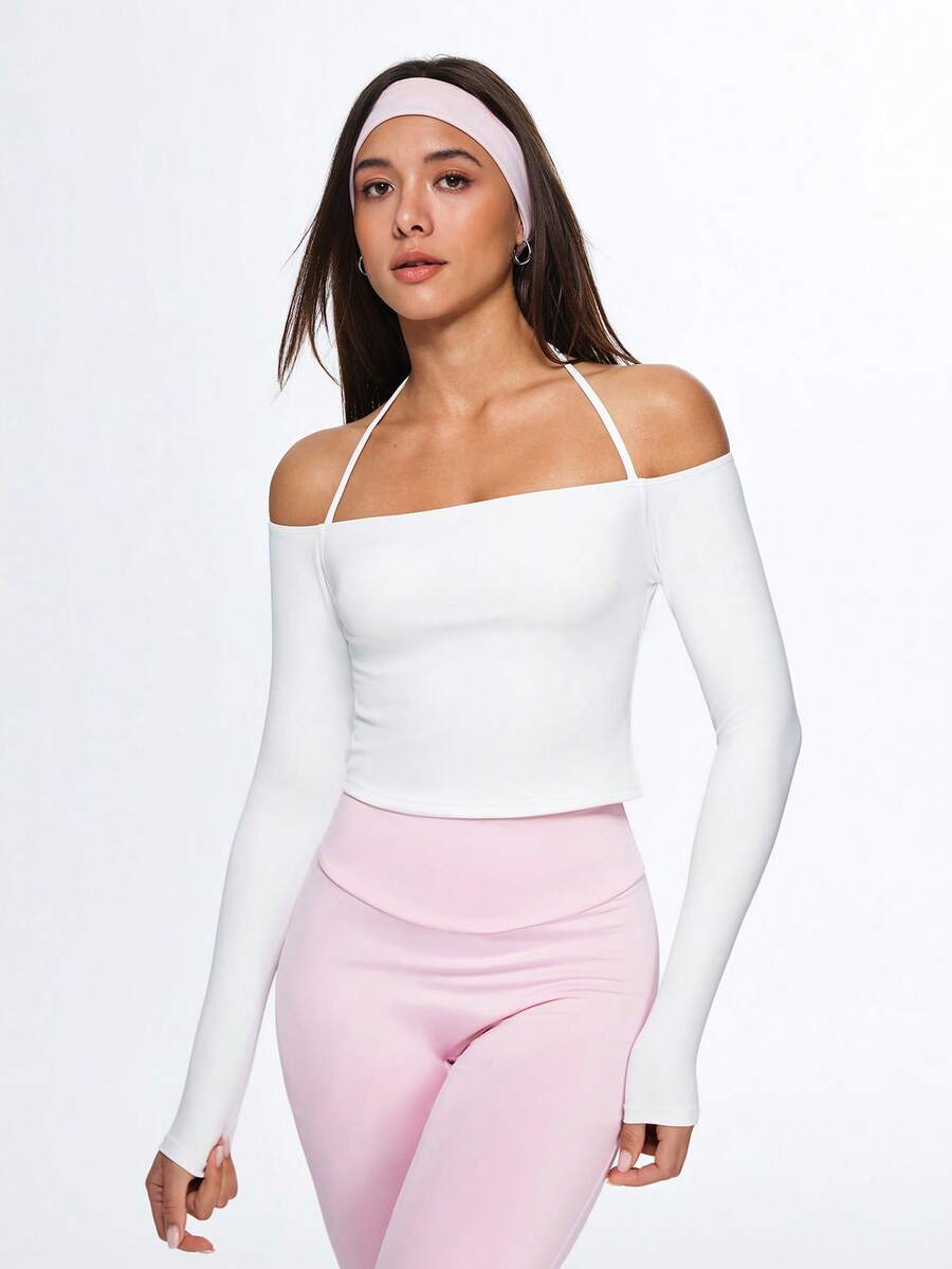 Eassivo Eassivo Women's White Off‑Shoulder Crop Top With Halter Tie,Long Sleeve Athleisure Top, Square Neck, Back Tie, Off Shoulder Top - White - View 1
