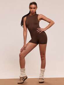 SHEIN BAE 女式简约纯色露背无缝运动连体衣，夏季 - 咖啡棕 - 查看 10