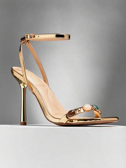 SHUZIA Women's Square Toe Gemstone Toe Band Ankle Strap High Heel Sandals Valentine's Day