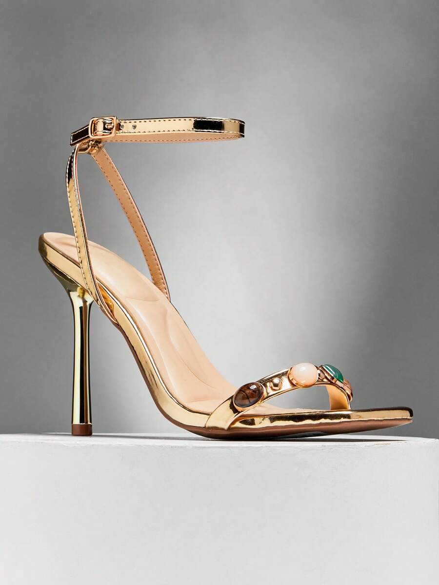 SHUZIA Women's Square Toe Gemstone Toe Band Ankle Strap High Heel Sandals Valentine's Day - Gold - View 1