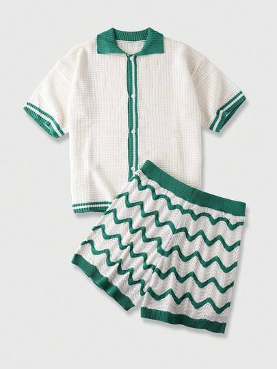 ROMWE MEN Traje de punto casual de manga corta con botones y contraste de color para hombre