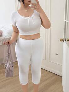 SHEIN EZwear 大码女式纯色蕾丝拼接休闲百搭日常穿着打底裤 - 白色 - 查看 6