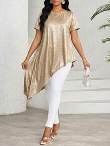 SHEIN Lady 女士金属质感圆领短袖不对称下摆休闲衬衫 - 金色 - 查看 4