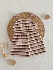 Loomiva Baby Girl Striped Pattern Suspender Romper, Versatile & Comfortable - Multicolor - View 2