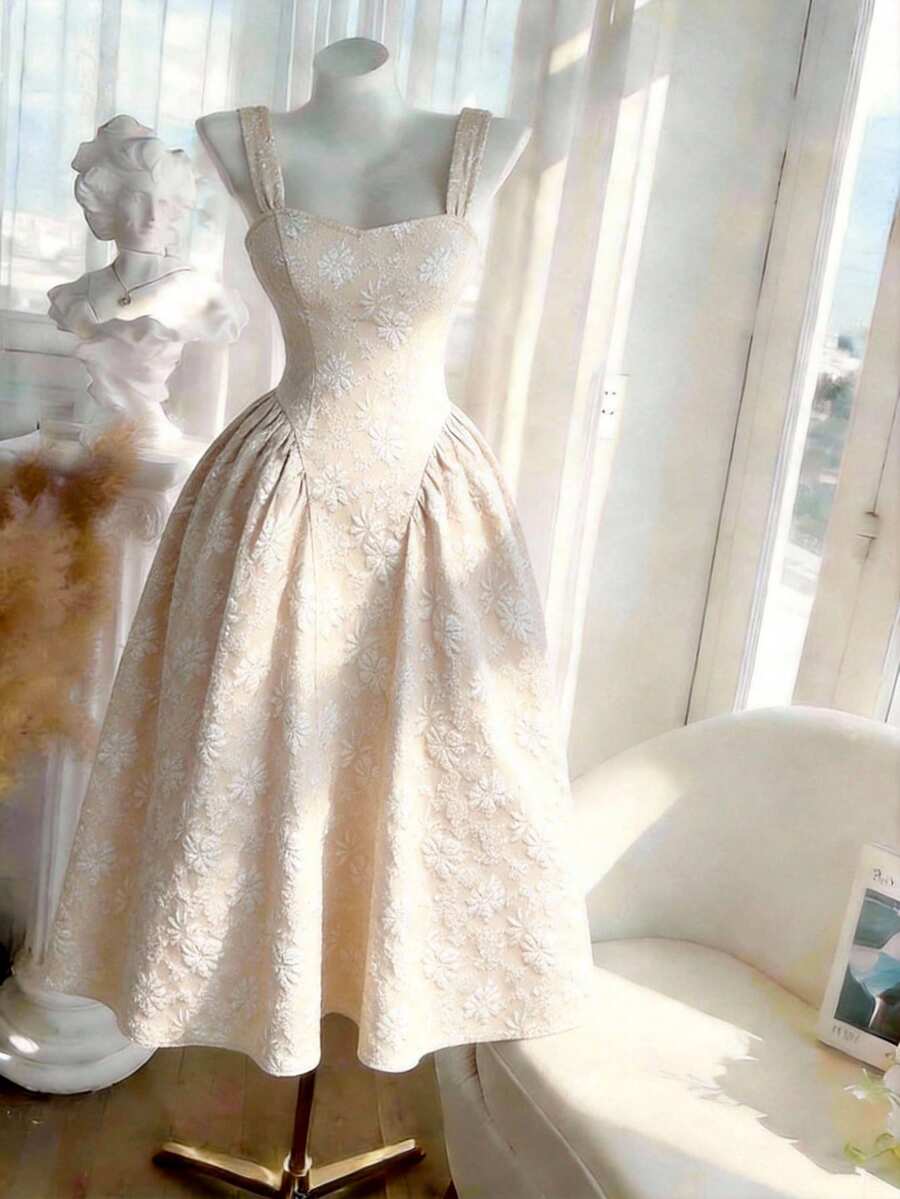 SHEIN MOD Đầm midi không tay màu trơn, thanh lịch, cỡ lớn, chất liệu jacquard, thích hợp cho việc đi làm. - Màu be - Xem 1