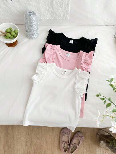 Genkimix Kids 3pcs/Pack Young Girl Ribbed Flutter Hem Fitted T-Shirts, Pink, Black, White Color, Spring And Summer Girl Tops
