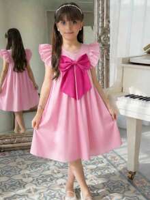 SHEIN Tween Girl Color Block Bow Accent Flutter Sleeve A-Line Dress, Fuchsia,Kids - Baby Pink - View 5