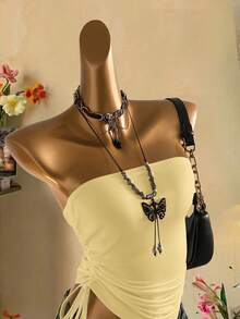 Attitoon Women's Casual Drawstring Tie-Front Cropped Camisole Top - Light Yellow - View 4