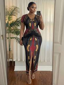 SHEIN Lady 大码夏季休闲印花V领褶皱开衩连衣裙 - 彩色 - 查看 6