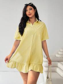 SHEIN EZwear Plus Size Navy Blue & White Striped Short Sleeve Ruffle Hem Splice Loose Casual Dress For Women,Summer Smart Casual Vacation Outing Spring Clothing - Light Yellow - View 3