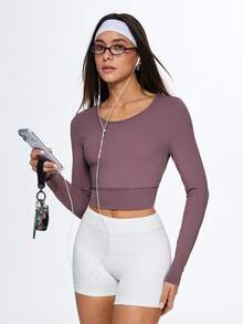 Eassivo Eassivo 女士性感露背长袖运动上衣，打结设计健身T恤 - 咖啡棕 - 查看 1