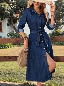 Breezaya 女士休闲度假风卷袖系带牛仔衬衫裙，适合春秋季日常通勤 - 深色水洗藍 - 查看 1
