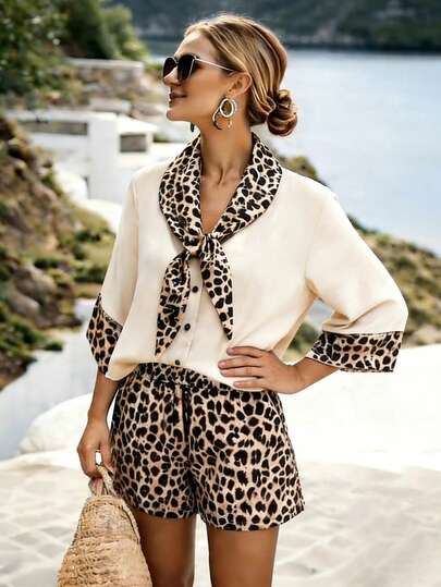 Breezaya Elegancki damski komplet ze spodenkami z nadrukiem w panterkę i dekoltem w serek, szykowny i uniwersalny na lato, odpowiedni do miejskiego biznesu, dojazdów do pracy, randki, imprezy, na plażę, do noszenia na co dzień, klasyczny i minimalistyczny design