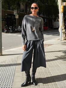 Maija Quần Capri dáng rộng xếp ly có khóa cài cho nữ, màu xám đậm, thu/đông - Màu xám đen - Xem 6