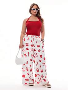 Solavibe Women Plus Size Red And White Summer Casual 2 Piece Set,Halter Neck Solid Top & Loose Wide Leg Pants With Waist Tie,Holiday Beach Vacation Outfit - Red and White - View 3