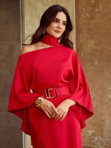 ZEYLAH Rochie maxi arabe elegantă, simplitate, culoare solidă, cu mâneci evazate, cu talie largă, oblică, cu halter și umeri - roșu - Vizualizare 8