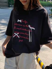 DAZY 女士标语印花蝴蝶结装饰圆领短袖休闲T恤图案T恤 - 黑色 - 查看 3