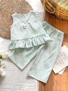 Vintaside Kids 2pcs/Set Baby Girl Casual Cute Bow Sleeveless Top And Pants Set - Green - View 3