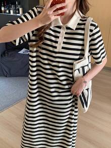 DAZY 少女休闲条纹短袖连衣裙，春夏款 - 黑色 - 查看 3