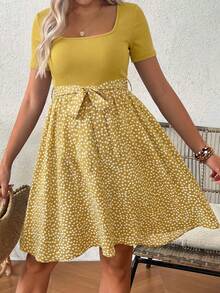 SHEIN Đầm ngắn tay họa tiết hoa chắp vá dành cho bà bầu, thích hợp mặc hàng ngày hoặc dự tiệc. - Màu vàng - Xem 3