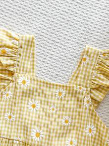 Vintaside Kids 女童夏季休闲格子雏菊印花连衣裙 - 黃色 - 查看 4