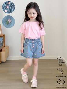 Vintaside Kids 女童花卉刺绣牛仔短裤，夏季轻薄新款，中度水洗蓝色，可爱甜美休闲街头风度假设计，松紧腰带，花卉刺绣，简约假口袋，纯棉牛仔面料，适合日常穿着、派对、上学、通勤等场合，春夏新款 - 中等水洗藍 - 查看 5