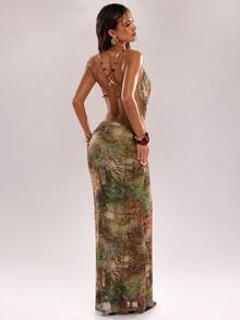 SHEIN BAE Conjunto de 2 piezas de verano con escote en pico, tirantes finos y espalda descubierta, de estilo vintage y elegante para mujer - Verde - Ver 2