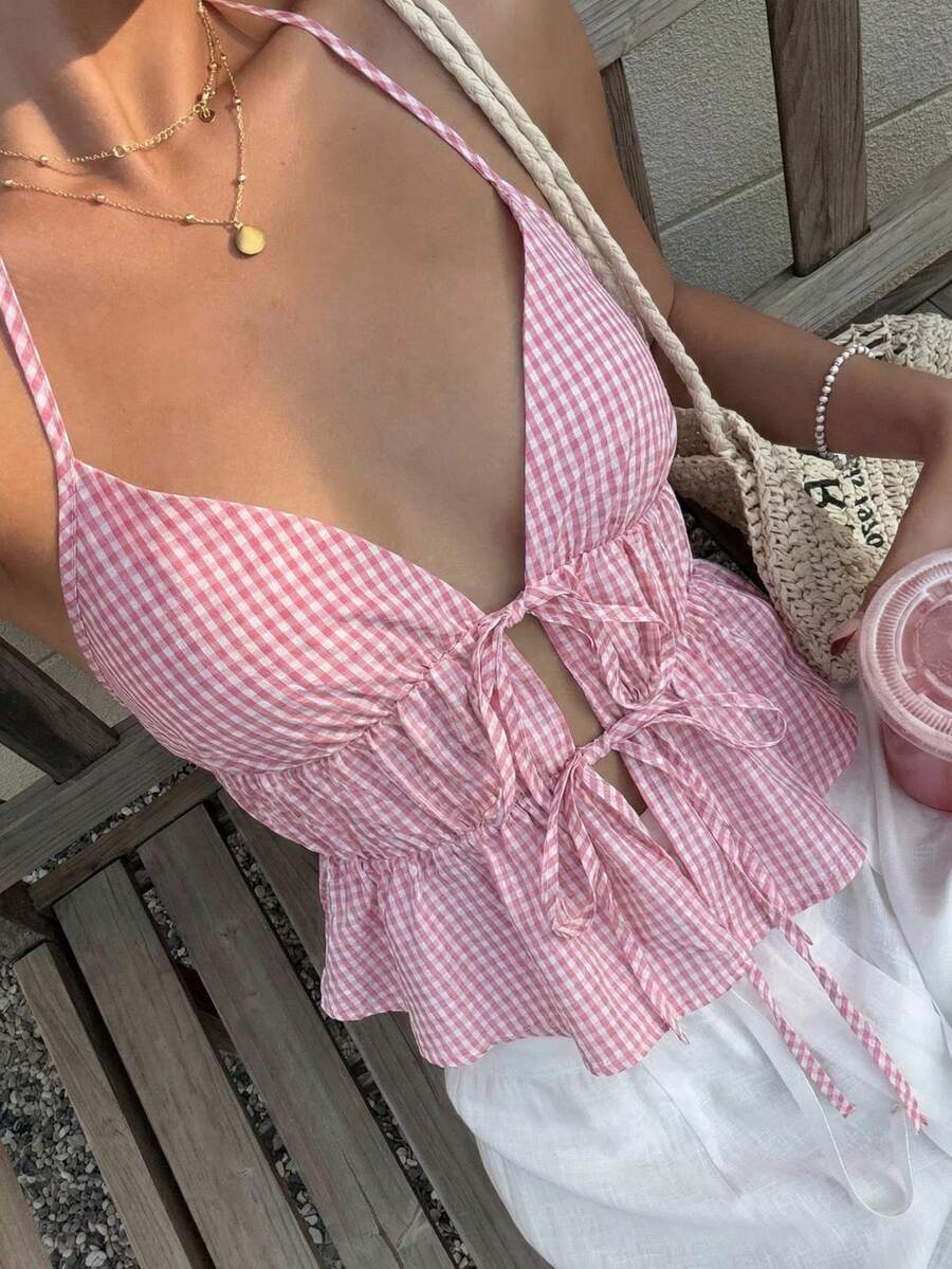 Sunnyshic Áo hai dây kẻ caro chéo gợi cảm - Màu Hồng baby - Xem 1