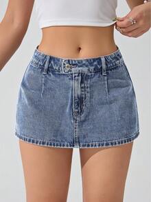 SHEIN ICON Falda vaquera minimalista y casual de unicolor para mujer - Neblina azul - Ver 5