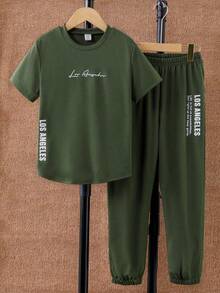 SHEIN Mirajuku Tween Boys' Simple Printed Round Neck Short Sleeve Top And Long Pants 2pcs Outfit - Army Green - View 7