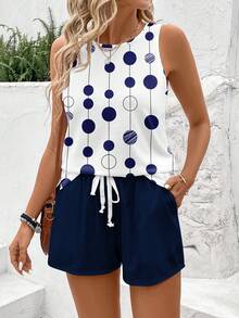 EMERY ROSE 2pcs/Set Plus Size Women's Navy Blue Polka Dot Round Neck Camisole And Shorts Set,Summer Smart Casual Holiday Two Pieces Outfits Sleeveless Top Set - Multicolor - View 4