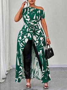 Elenzga 大码女式无袖不对称下摆系带性感衬衫，不对称图案休闲度假衬衫 - 彩色 - 查看 1