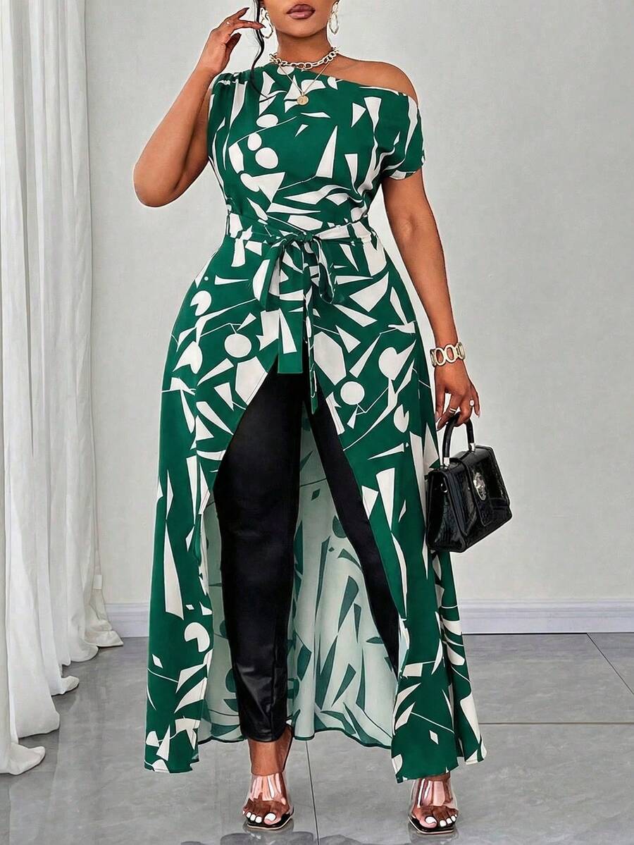 Elenzga 大码女式无袖不对称下摆系带性感衬衫，不对称图案休闲度假衬衫 - 彩色 - 查看 1