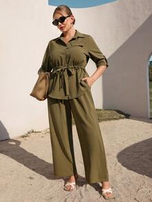 Juhart Conjunto informal de 2 piezas de talla grande, unicolor, con botones delanteros y manga raglán cómoda - Verde militar - Ver 3