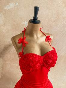 Soleia 女士花卉装饰褶皱领口修身优雅迷你连衣裙，波西米亚风，浪漫花卉图案，适合度假、派对、约会、情人节、复活节、狂欢节、下午茶、海滩、邮轮、城市假日等场合。 - 紅色 - 查看 6