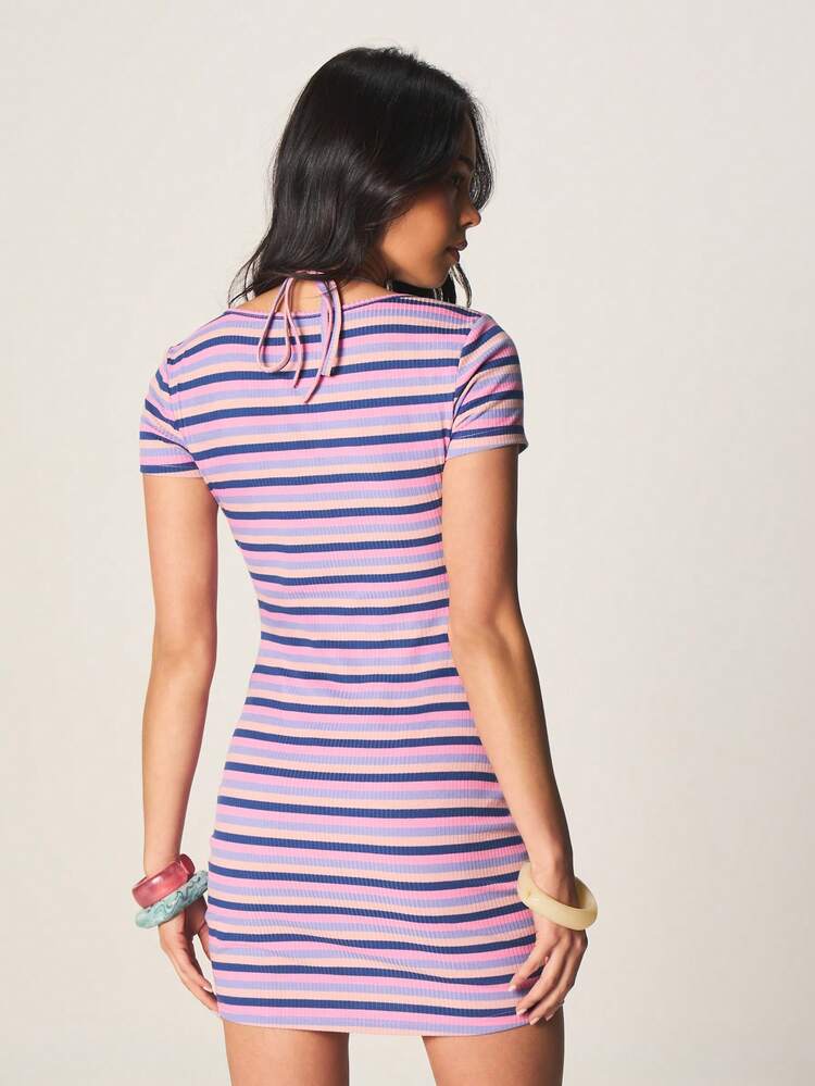 MISSGUIDED Striped Ribbed Mini Dress With Plunge Front Cut Out Detail And Halter Neck Design For Summer Party Occasions